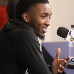 Utah Jazz guard Donovan Mitchell talks to members of the media at Zions Bank Basketball Center in Salt Lake City on Thursday, April 25, 2019. Utah's season ended with Wednesday's loss to Houston in the opening round of the NBA playoffs.