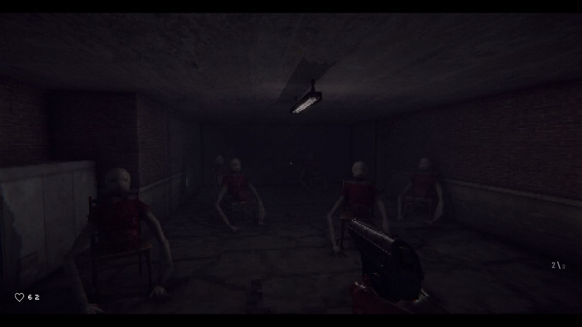 A dark tunnel in Rotten Flesh, featuring long-armed doll-like creatures sitting in chairs
