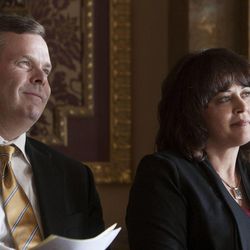 Utah Attorney General John Swallow and Speaker of the House Rebecca Lockhart listen as they join other state leaders and officials from Parents Empowered at the state Capitol Wednesday, Jan. 9, 2013.