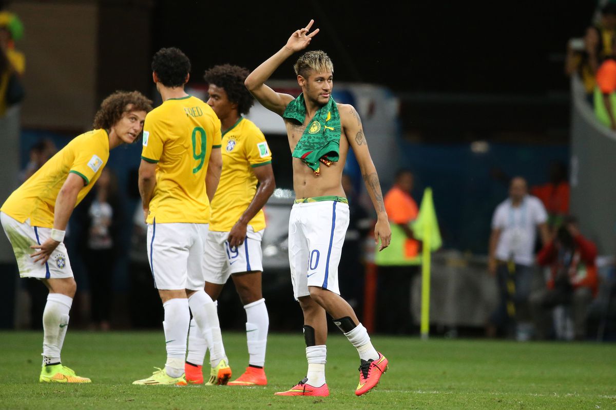 Neymar flashes a bit of his underwear after match with Cameroon.
