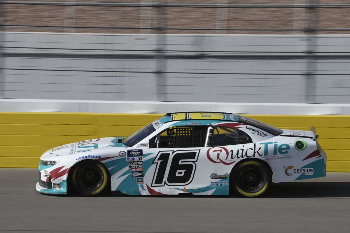 Chandler Smith (#16 Kaulig Racing Quick Tie Products, Inc. Chevrolet) drives onto the front stretch during the NASCAR Xfinity Series Alsco Uniforms 300 on March 4, 2023, at the Las Vegas Motor Speedway in Las Vegas, Nevada.