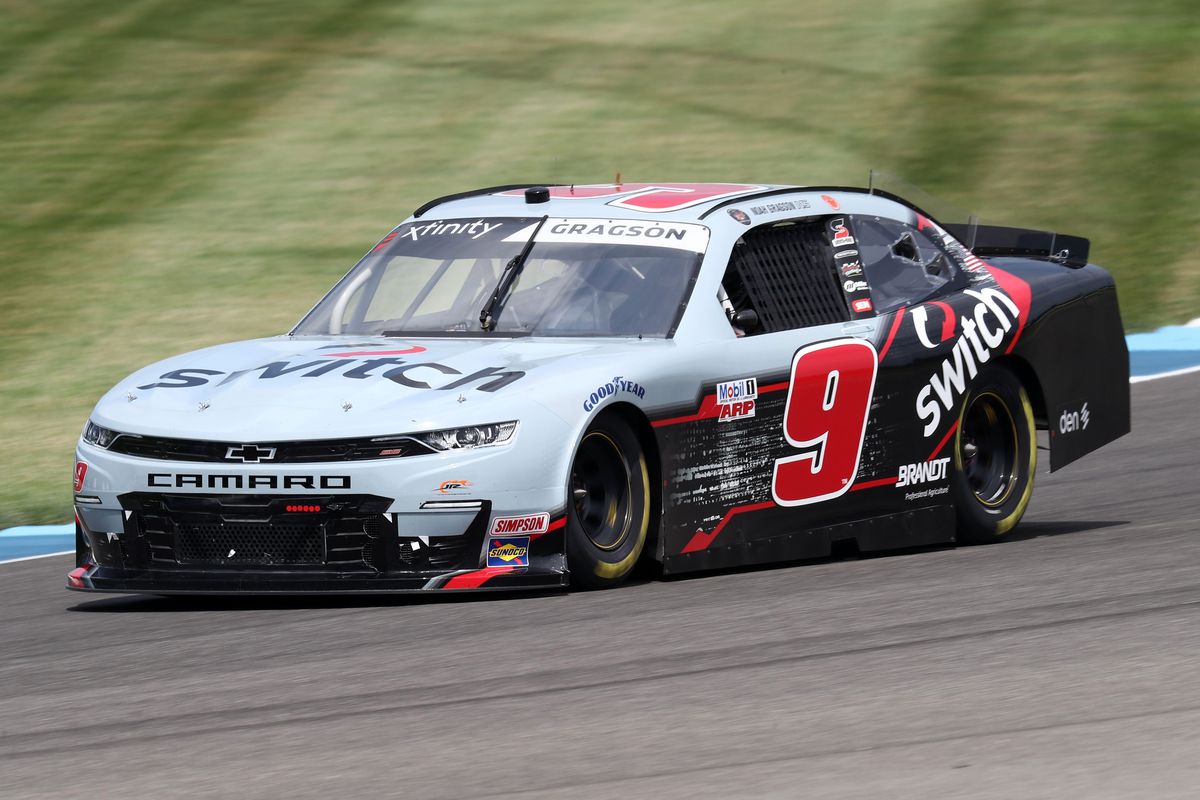 Noah Gragson, driver of the #9 Switch Chevrolet, races during practice for the NASCAR Xfinity Series Pennzoil 150 at the Brickyard at Indianapolis Motor Speedway on July 03, 2020 in Indianapolis, Indiana.