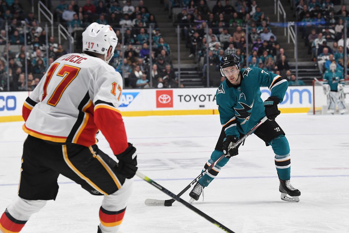 Dylan Gambrell #7 of the San Jose Sharks skates against the Calgary Flames during the second period of an NHL hockey game at SAP Center on February 10, 2020 in San Jose, California.