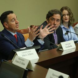 House Speaker Greg Hughes, R-Draper, and Minority Leader Rep. Brian King, D-Salt Lake City, meet with other House members at the Capitol in Salt Lake City on Tuesday, June 20, 2017. Lawmakers met to discuss the special election to replace Rep. Jason Chaffetz.