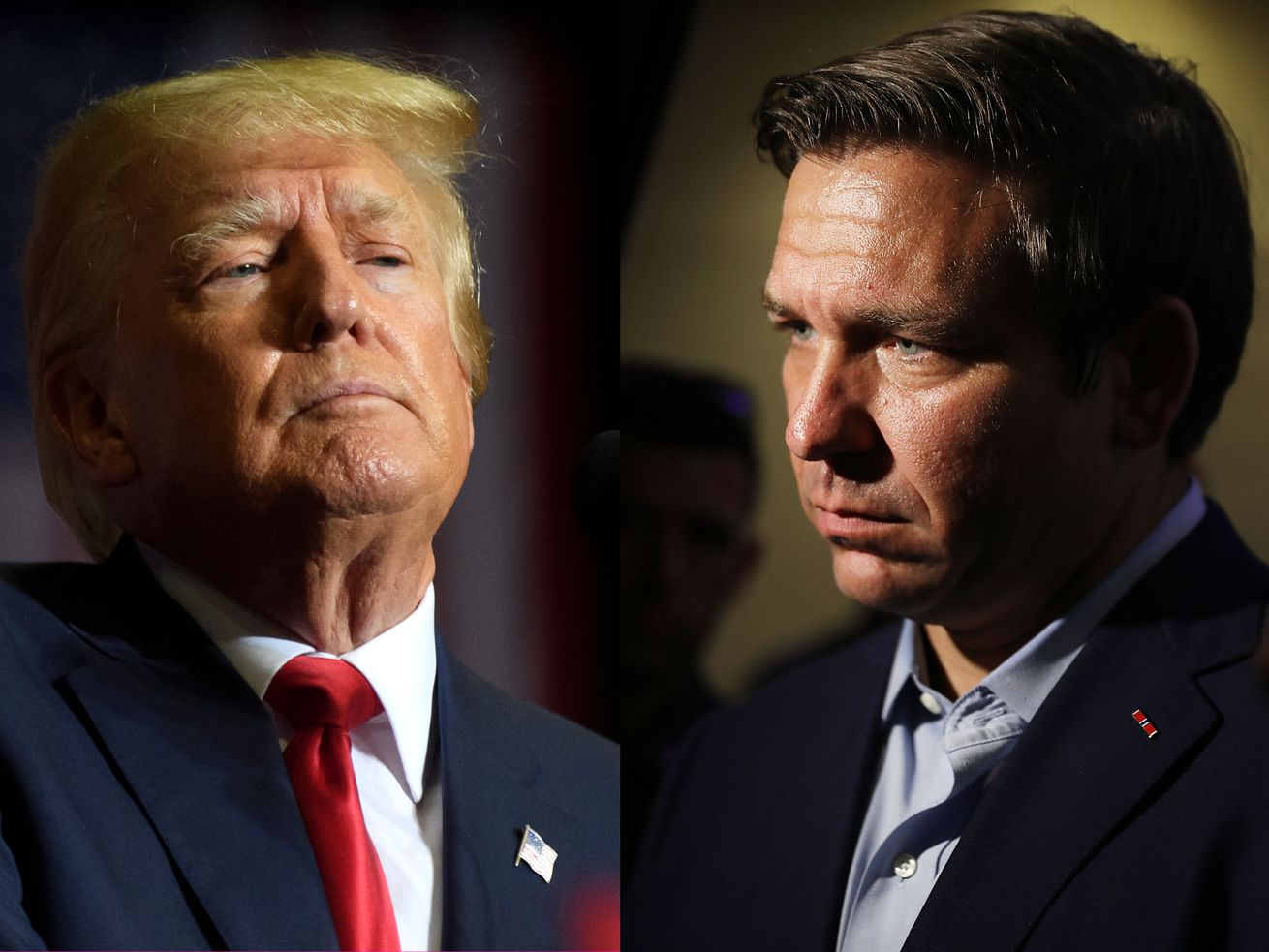 On the left, former President Donald Trump, looking down, and on the right, Florida Gov. Ron DeSantis, looking to the left. 