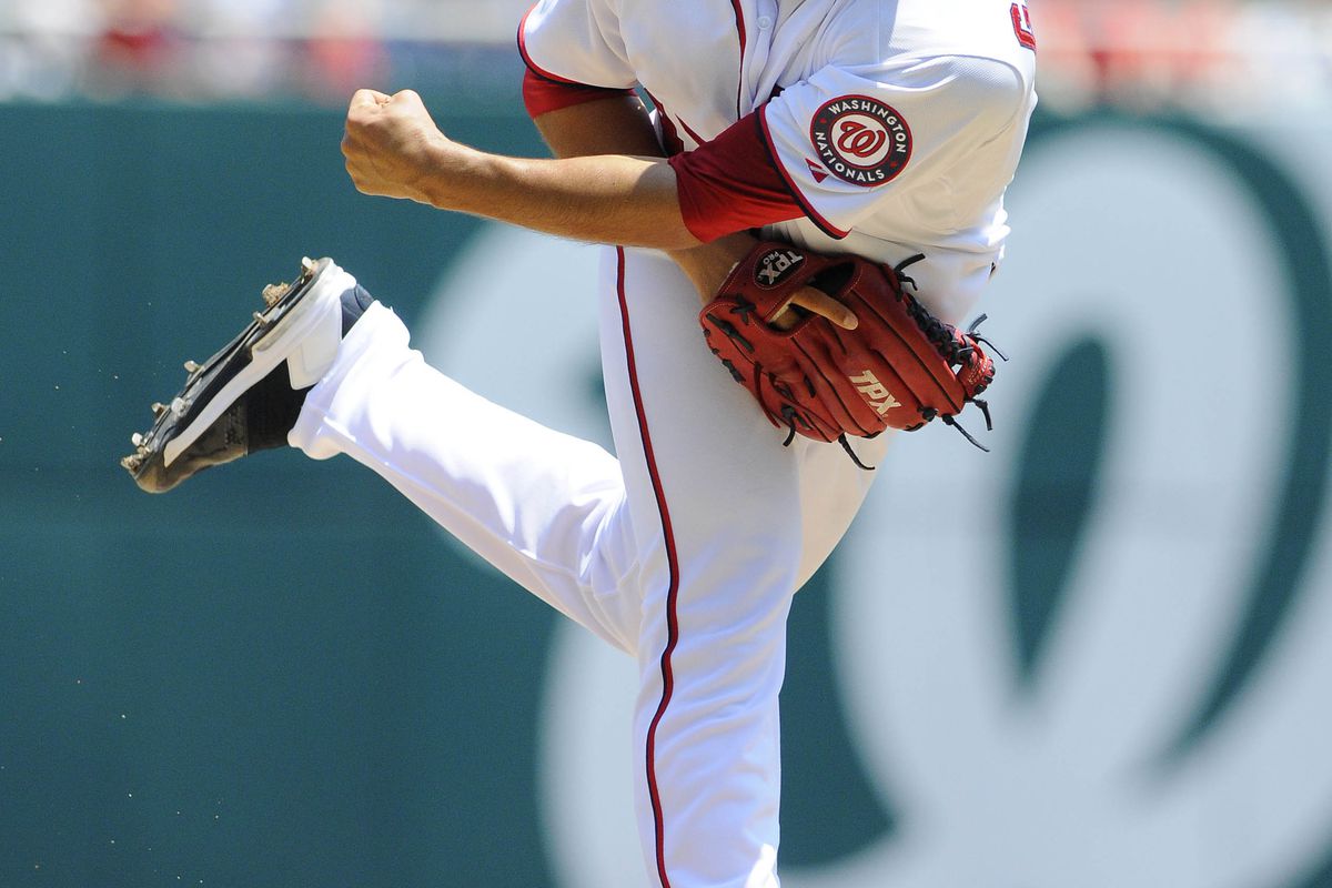 Jul 19, 2012; Washington, DC, USA; Washington Nationals starting pitcher Gio Gonzalez (47) throws in the first inning against the New York Mets at Nationals Park. Mandatory Credit: Brad Mills-US PRESSWIRE