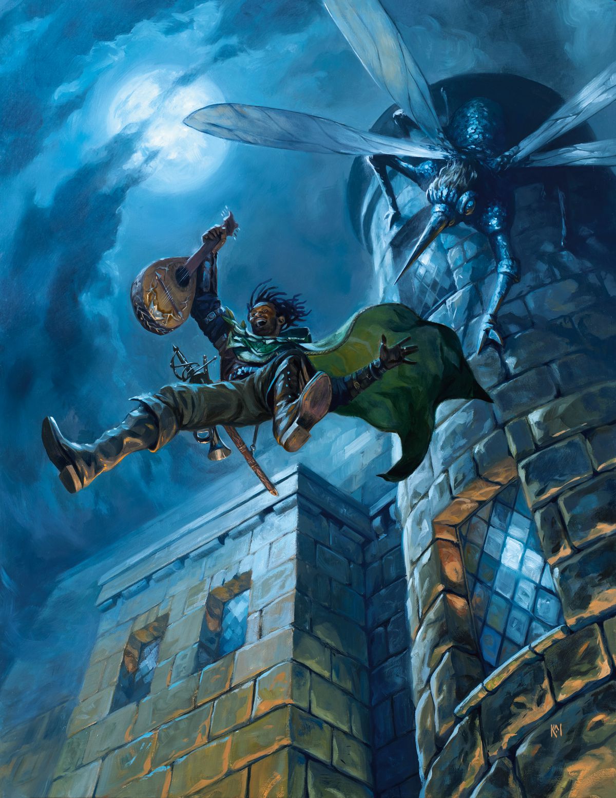 An adventurer with a horn on his belt leaps from a window, chased by a giant fly creature. A mandolin is in his hand and his expression is joyous.