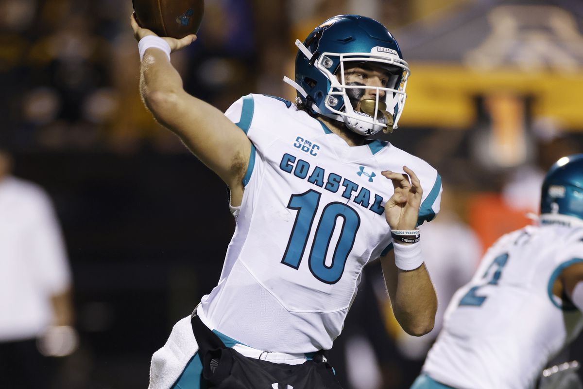 Coastal Carolina Chanticleers quarterback Grayson McCall passes the ball during a college football game against the Appalachian State Mountaineers on Oct. 20, 2021 at Kidd Brewer Stadium in Boone, North Carolina.
