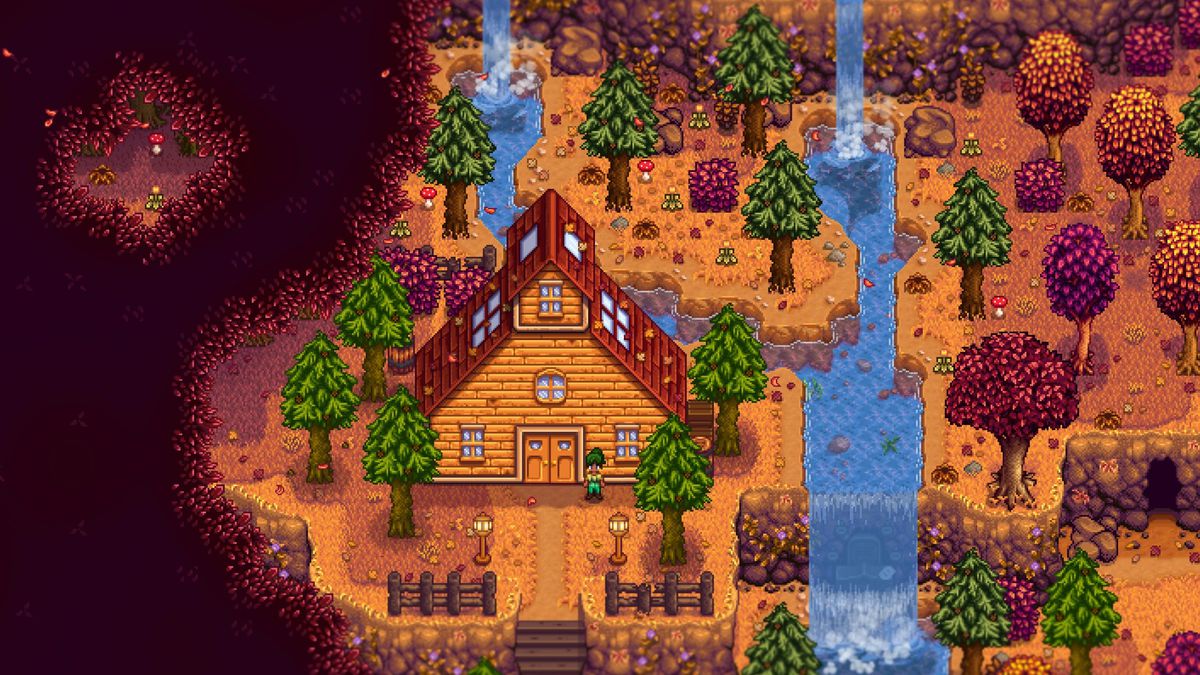 A screenshot from the Stardew Valley Expanded mod, showing a farmer in front of a home with a river and waterfall to the right.