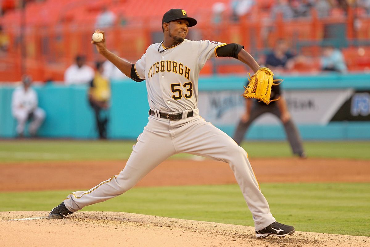 MIAMI GARDENS, FL - APRIL 21:  James McDonald #53  of the Pittsburgh Pirates pitches during a game against the Florida Marlins at Sun Life Stadium on April 21, 2011 in Miami Gardens, Florida.  (Photo by Mike Ehrmann/Getty Images)