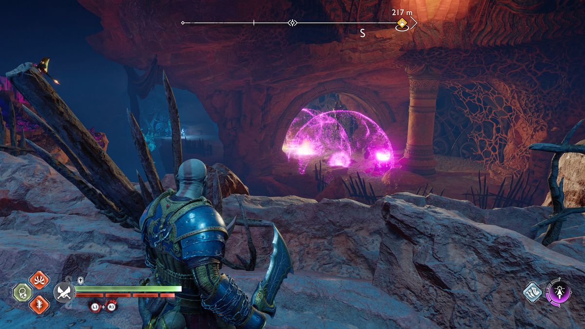 Kratos lights a Brazier with Hex arrows in God of War Ragnarok