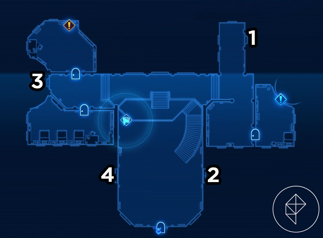 A blue map of Shinra manor with doors numbered from one to four.