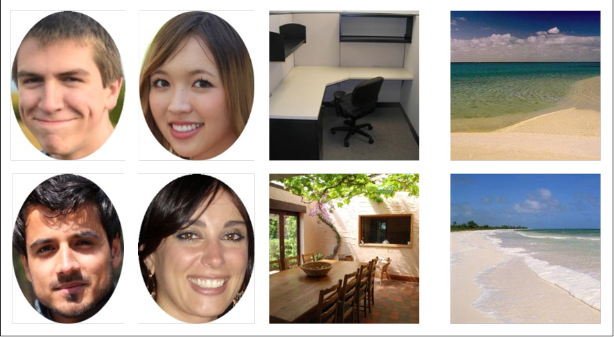 A collection of images depicting human faces; an empty office cubicle; a dining room with a tree in the corner and sunlight illuminating the back wall; two images of a beach, one with yellow sand and calm waters and the other with whiter sand and a gentle surf.