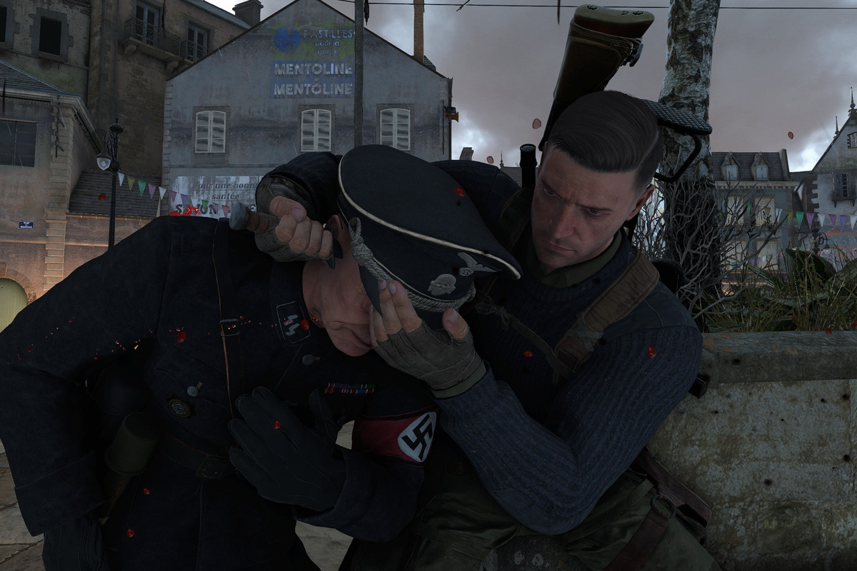 Sniper Elite 5 player killing Stefen Beckendorf, a Nazi.