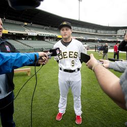 Bees' Brennon Lund talks with media members as the Salt Lake Bees hold their media day at Smith's Ballpark on Tuesday, April 2, 2019.