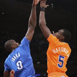 Oklahoma City Thunder power forward Serge Ibaka (9) blocks a shot from New York Knicks shooting guard Tim Hardaway Jr. (5) during the first half of their NBA basketball game at Madison Square Garden, Wednesday, Dec. 25, 2013, in New York. 