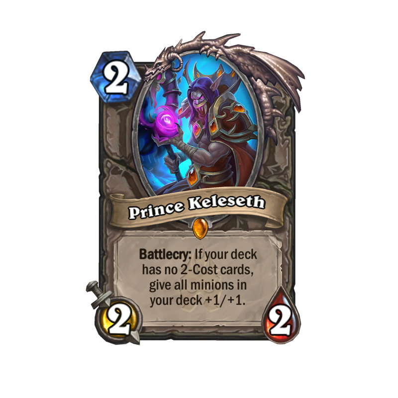 This legendary Hearthstone card is named Prince Keleseth. It is a two-cost minion with two attack and two health, and its card text reads: “Battlecry: If your deck has no 2-cost cards, give all minions in your deck +1/+1.” The card art features an undead 