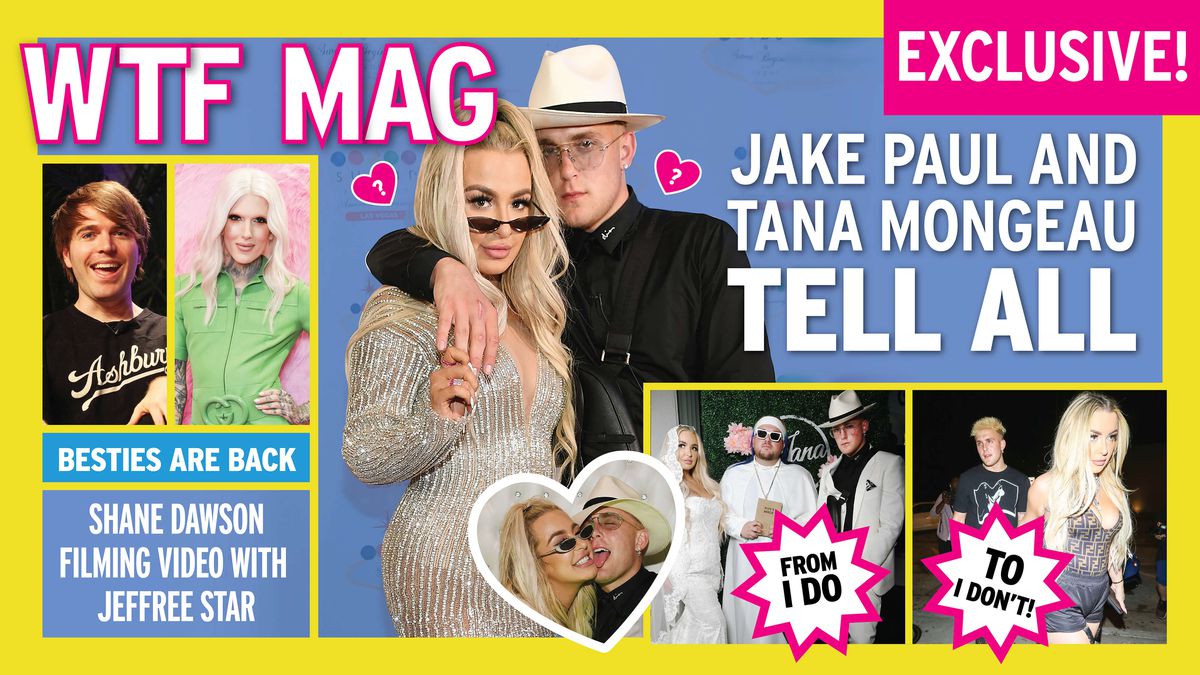A mockup of a tabloid magazine cover featuring YouTubers Jake Paul and Tana Mongeau, Jeffree Star and Shane Dawson.
