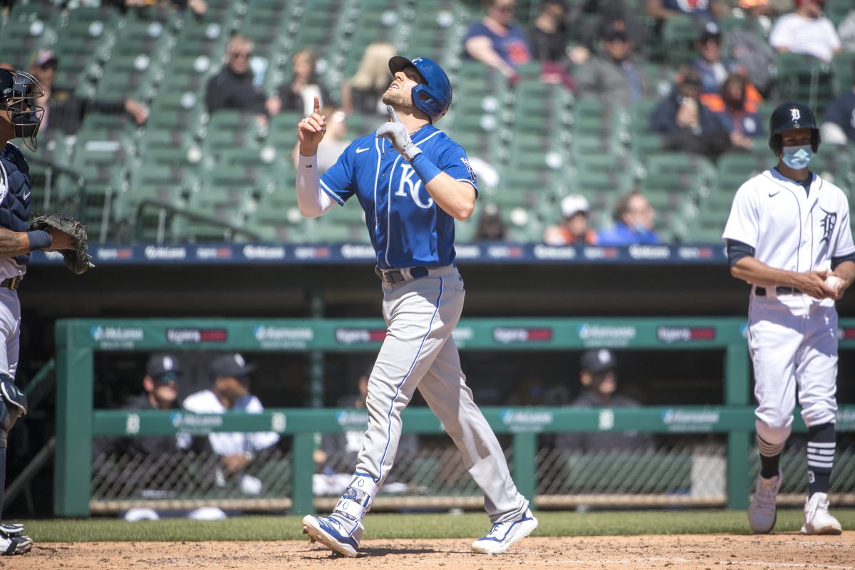Hunter Dozier #17 of the Kansas City Royals celebrates a home run against the Detroit Tigers during the top of the sixth inning at Comerica Park on April 25, 2021 in Detroit, Michigan.