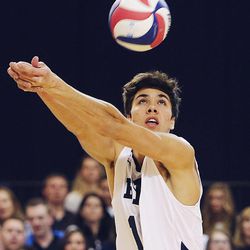 BYU's Price Jarman bumps the ball as BYU and Cal Baptist University play Saturday, Feb. 7, 2015, at BYU in the Smith Field House in Provo.