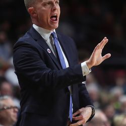 San Diego Toreros head coach Sam Scholl calls a play for his team as the BYU Cougars and San Diego Toreros play in WCC tournament action at the Orleans Arena in Las Vegas on Saturday, March 9, 2019.