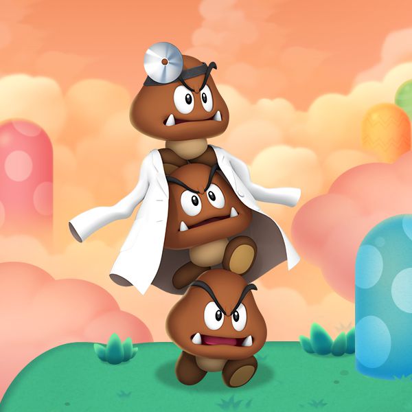 Three Goombas wearing a lab coat and head mirror in artwork from Dr. Mario World