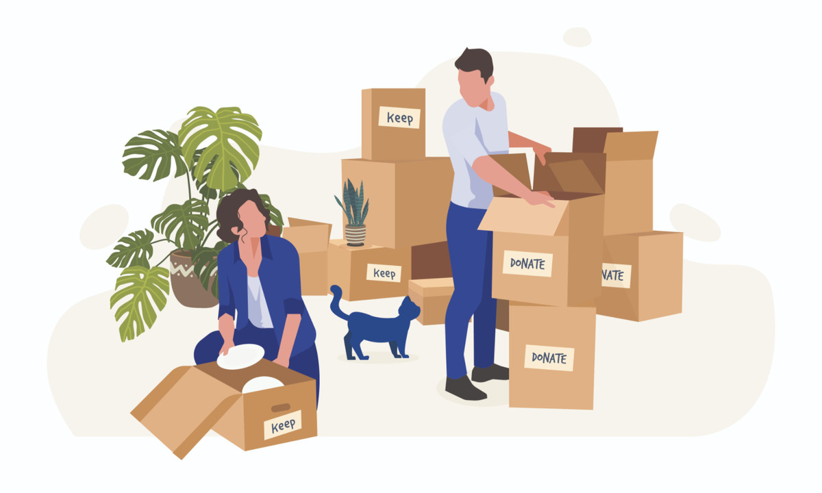 Illustration of two people and their pet cat, along with moving boxes labeled as “keep” and “donate”