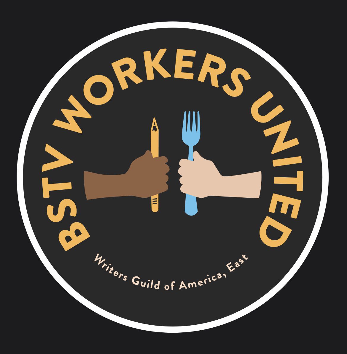 A logo featuring a hand holding a pencil and one holding a fork 