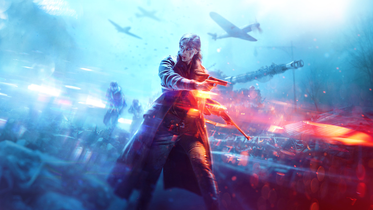 Key art used for the cover of Battlefield 5 standard edition features a female protagonist with a pistol and a carbine.