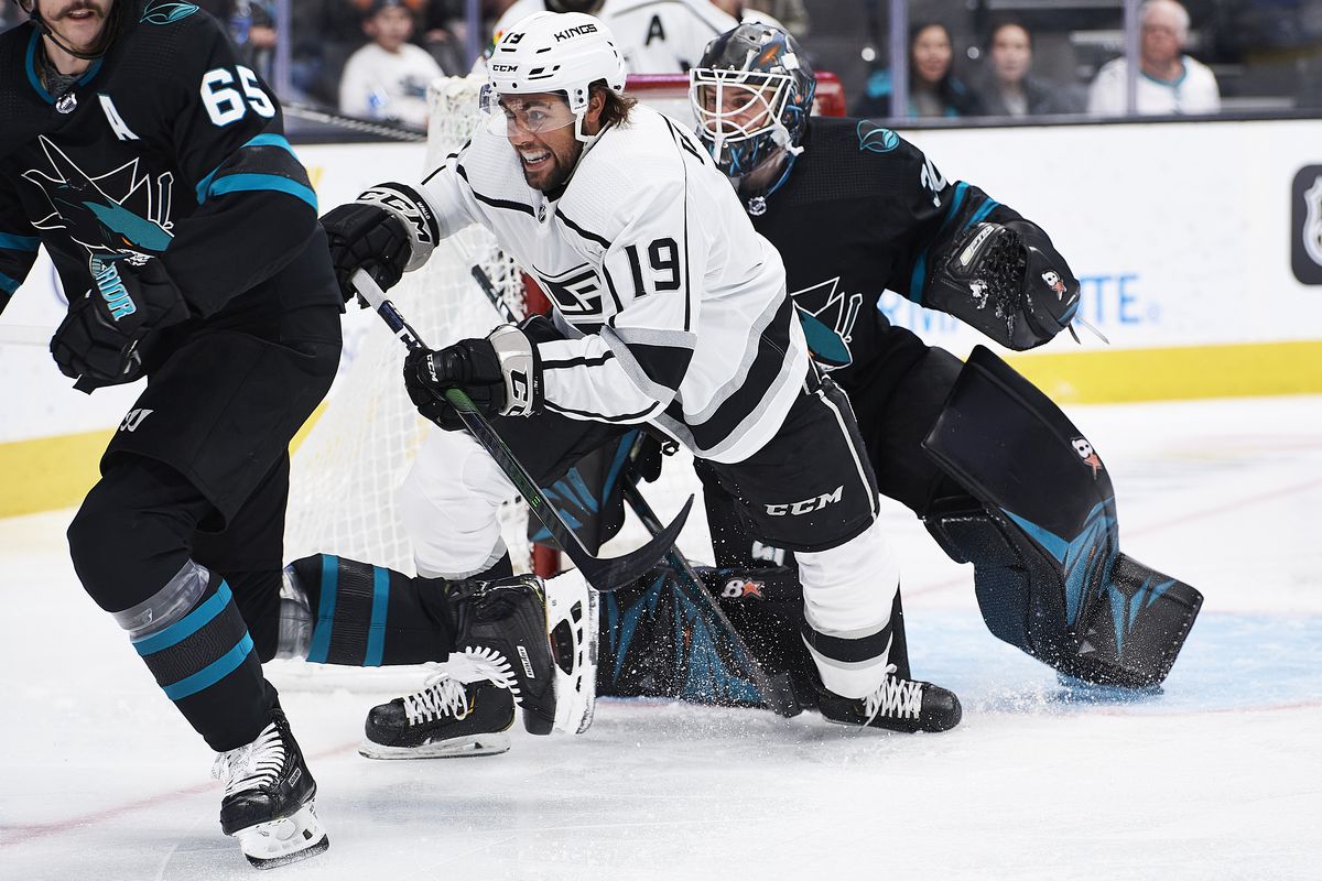 Los Angeles Kings center Alex Iafallo (19) battles for position during the San Jose Sharks game versus the Los Angeles Kings on December 27, 2019, at SAP Center at San Jose in San Jose, CA