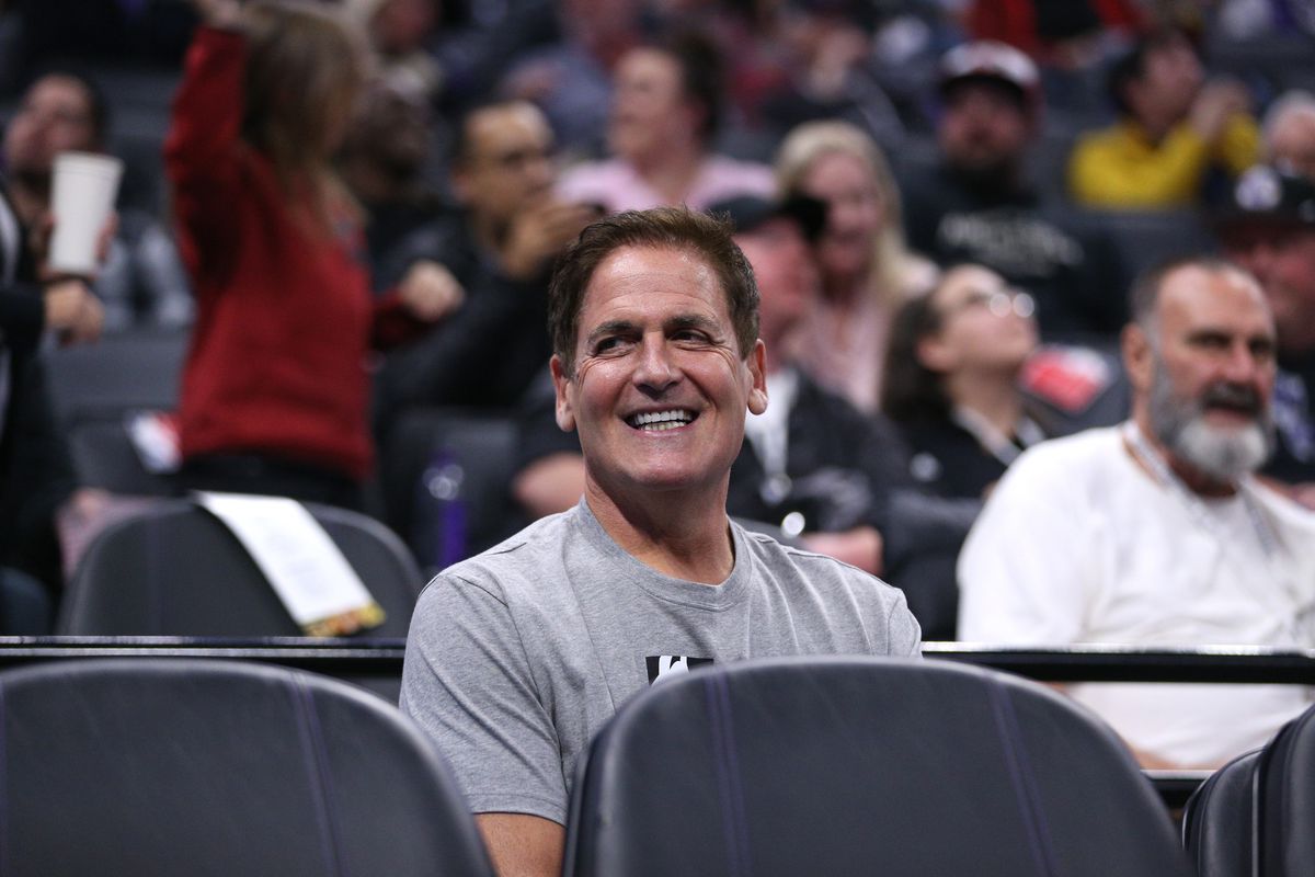 Dallas Mavericks owner Mark Cuban interacts with fans during a timeout against the Sacramento Kings in the third quarter at the Golden 1 Center.