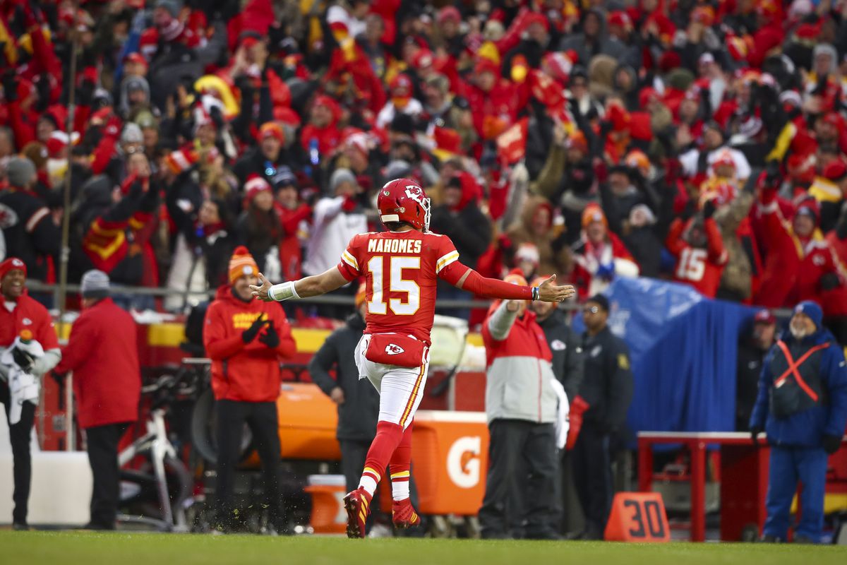 Kansas City Chiefs quarterback Patrick Mahomes celebrates during the fourth quarter against the Houston Texans in a AFC Divisional Round playoff football game at Arrowhead Stadium.