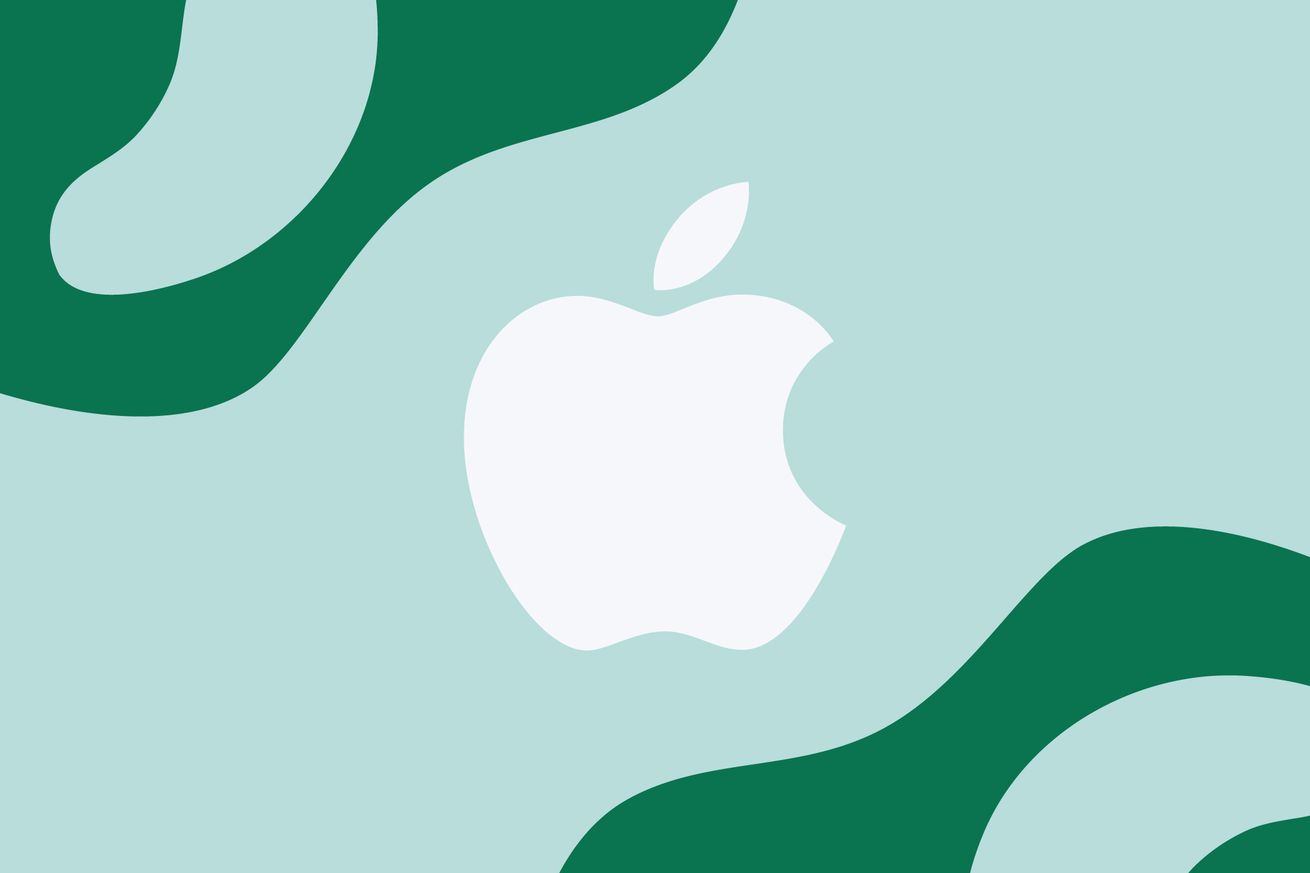 Illustration of the Apple logo on a light and dark green background.