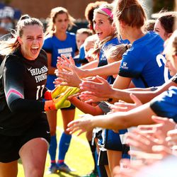 BYU Goalkeeper Hannah Clark (11) is introduced before the game. The game between BYU and Ohio State ended in a scoreless draw at South Field on August 21, 2017.