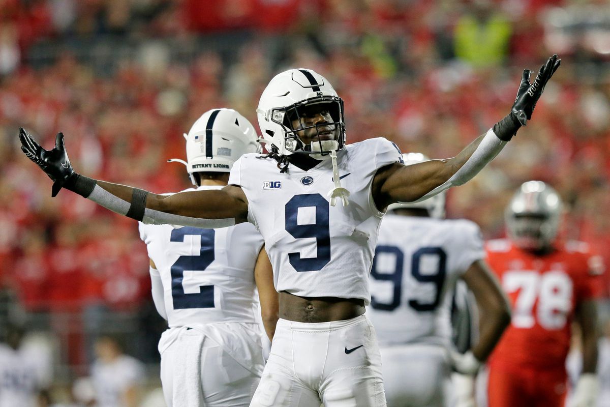 Penn State Nittany Lions cornerback Joey Porter Jr. (9) questions a call during Saturday’s NCAA Division I football game against the Ohio State Buckeyes at Ohio Stadium in Columbus on October 30, 2021.