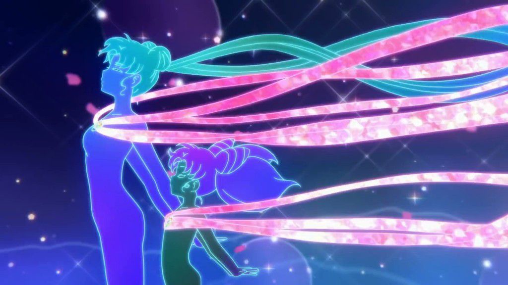 Usagi and Chibiusa transforming into Sailor Moon and Sailor Chibi Moon in Sailor Moon Eternal.