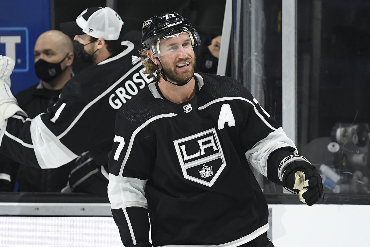 Jeff Carter #77 of the Los Angeles Kings reacts to his goal to tie the game 1-1 against the Minnesota Wild during the first period in the season opening game at Staples Center on January 14, 2021 in Los Angeles, California.