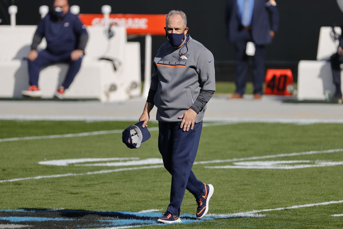 Head coach Vic Fangio of the Denver Broncos looks on during warmups prior to the game against the Carolina Panthers at Bank of America Stadium on December 13, 2020 in Charlotte, North Carolina.