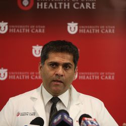 Dr. Ram Nirula, chief of trauma at University of Utah Health Care, explains the national clinical trial that the Trauma Services Department and AirMed are taking part in during a press conference in Salt Lake City on Tuesday, March 29,  2016. The clinical trial will see whether a drug could help save the lives of severely injured trauma patients being taken by medical helicopters to hospitals. The drug works by helping to stop bleeding in severely injured trauma patients. Because of the circumstances in which the drug will be given, this trial is being conducted under an exemption to a federal rule regarding clinical trials, meaning patients transported by AirMed automatically will be enrolled unless they are wearing a bracelet that says they do not want to take part in the trial.
