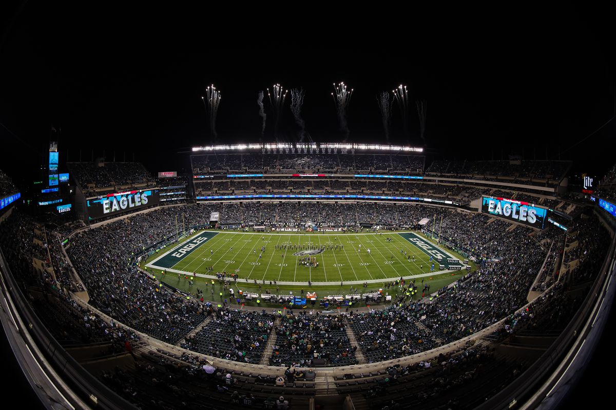 A general view of the stadium as fireworks explode before the game between the Philadelphia Eagles and the Washington Commanders at Lincoln Financial Field on November 14, 2022 in Philadelphia, Pennsylvania.