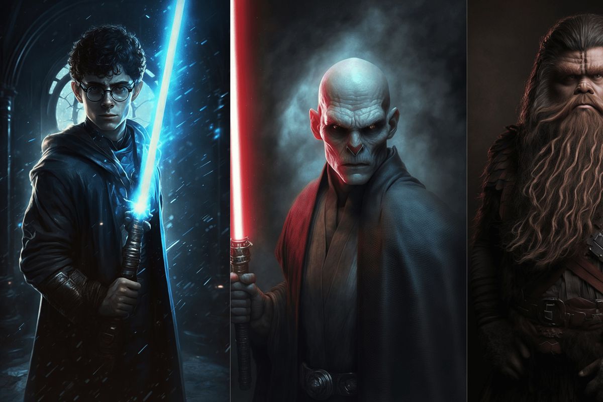 A series of AI-generated images for the Harry Potter Reimagined AI competition shows Harry Potter characters as they might appear in Star Wars, with Harry Potter holding a blue lightsaber, Voldemort holding a red one, a mashup of Hagrid and Chewbacca, a Jedi Knight version of Dumbledore, and a young Jedi version of Hermione.