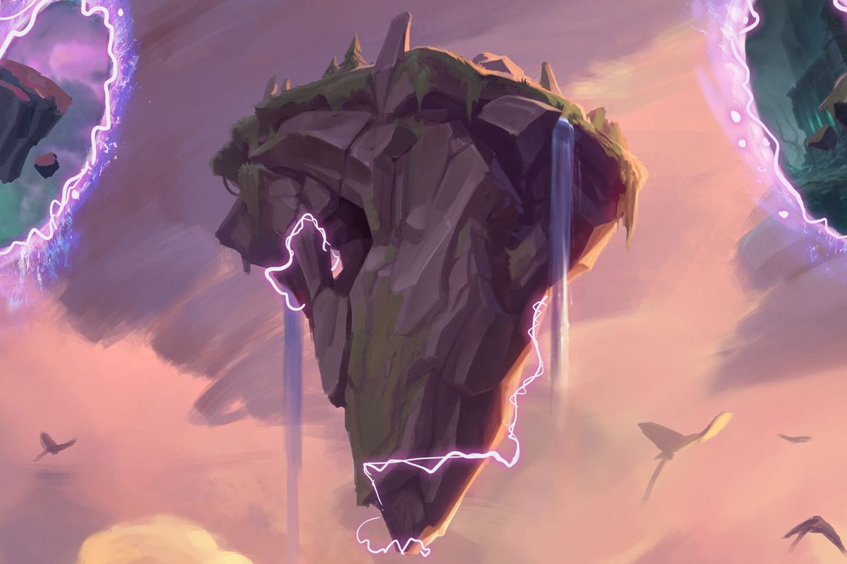 A floating rock with two portals on the side. Key art for Teamfight Tactics