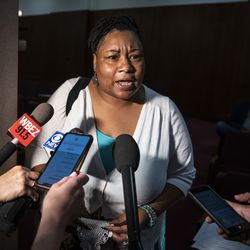 Ald. Jeanette Taylor (20th) speaks with reporters after a Chicago City Council meeting at City Hall, Wednesday morning, June 23, 2021.