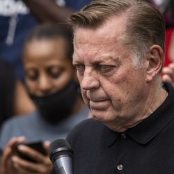 Flanked by attorneys and supporters, Father Michael Pfleger speaks during a news conference outside St. Sabina Church after the Archdiocese of Chicago announced that Pfleger will return to his role at senior pastor at the Auburn Gresham church, Monday afternoon, May 24, 2021. The archdiocese cleared him to return after an internal probe into decades-old allegations of sexual abuse against minors.