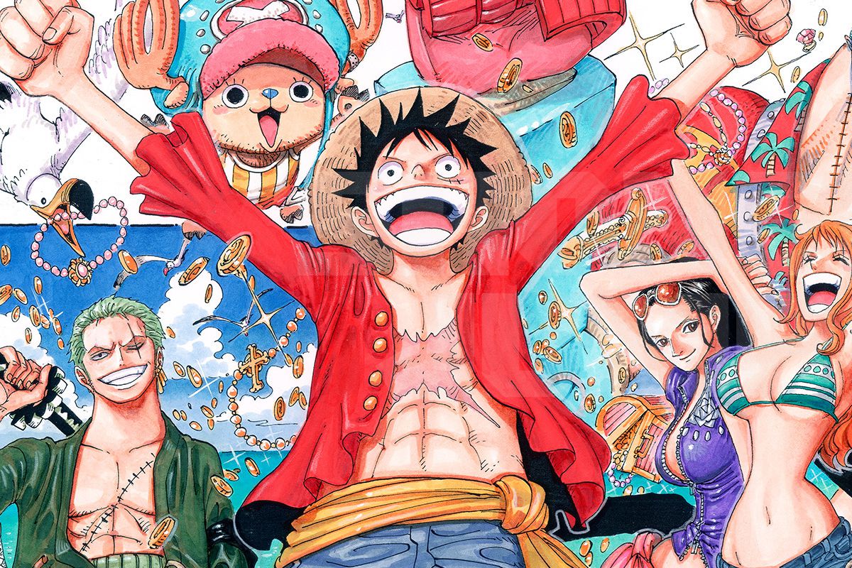 The Straw Hat Pirates: Luffy, Tony Tony Chopper, Zoro, Name, Robin, Frankie, Brook, and Usopp in an illustration for the One Piece manga
