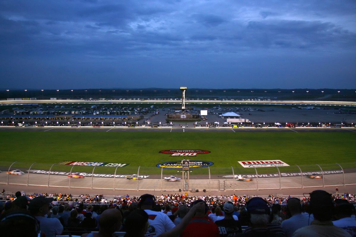 A general view of race action during the NASCAR Camping World Truck Series Toyota Tundra 200 at Nashville Superspeedway on August 1, 2009 in Lebanon, Tennessee.