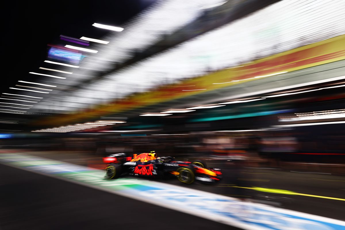Sergio Perez of Mexico driving the (11) Red Bull Racing RB16B Honda in the Pitlane during practice ahead of the F1 Grand Prix of Saudi Arabia at Jeddah Corniche Circuit on December 03, 2021 in Jeddah, Saudi Arabia.