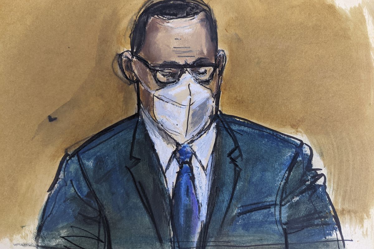 In this courtroom sketch, R. Kelly listens as the jury foreperson reads the verdict, Monday, Sept. 27, 2021, in New York. The R&amp;B superstar known for his anthem “I Believe I Can Fly,” was convicted in a sex trafficking trial after decades of avoiding criminal responsibility for numerous allegations of misconduct with young women and children.