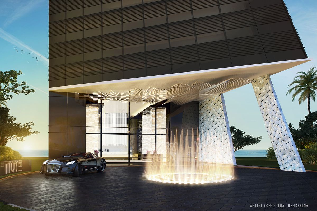 Rendering of a sleek entrance at Muse Sunny Isles
