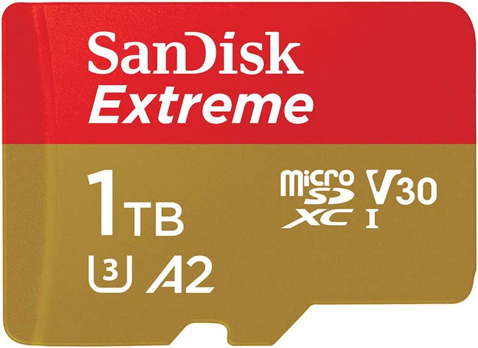 A promotional image of a 1TB microSD card with XC, UHS-I, U3, A2, and V30 logos.
